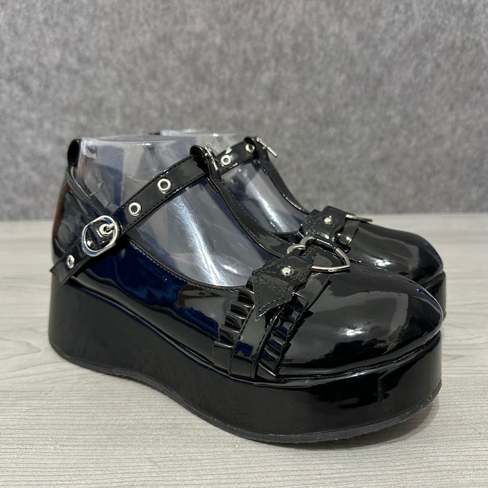Gururu Black Patent T-Strap Platform Mary Janes Cross Charm‎ Goth Shoes 40 US 9